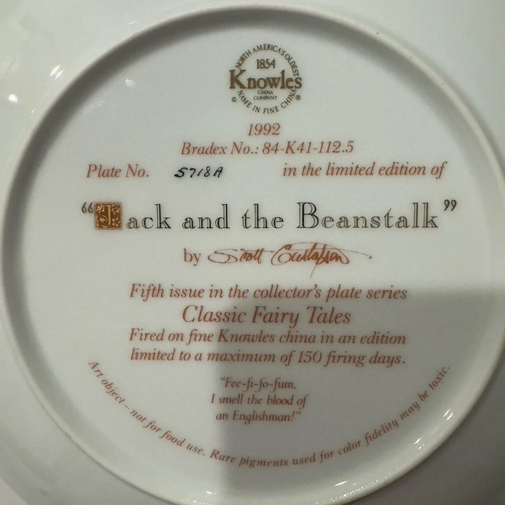 Edwin‎ Knowles Fairytale Plate Jack and The Beanstalk 1992 with Certificate Mint